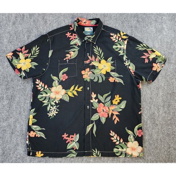 Tommy Bahama Shirt Mens XL Black Hawaiian SIlk Blend Tropical Loop Collar - Picture 1 of 16